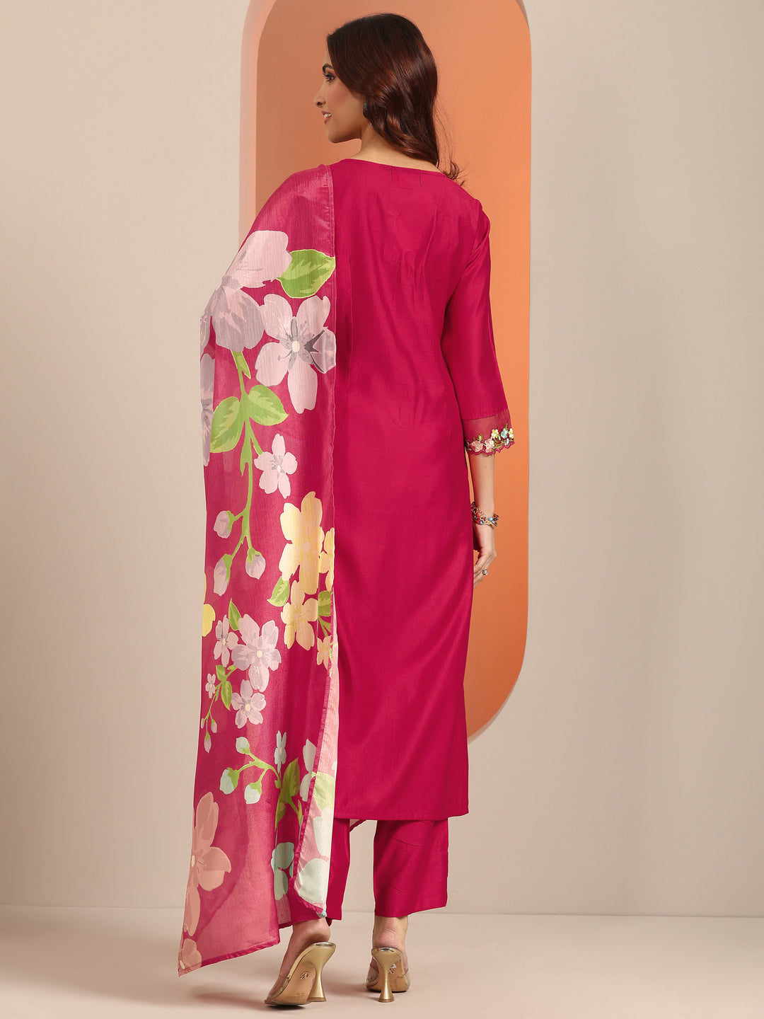  Red Embroidered Silk Blend Straight Suit Set With Dupatta 