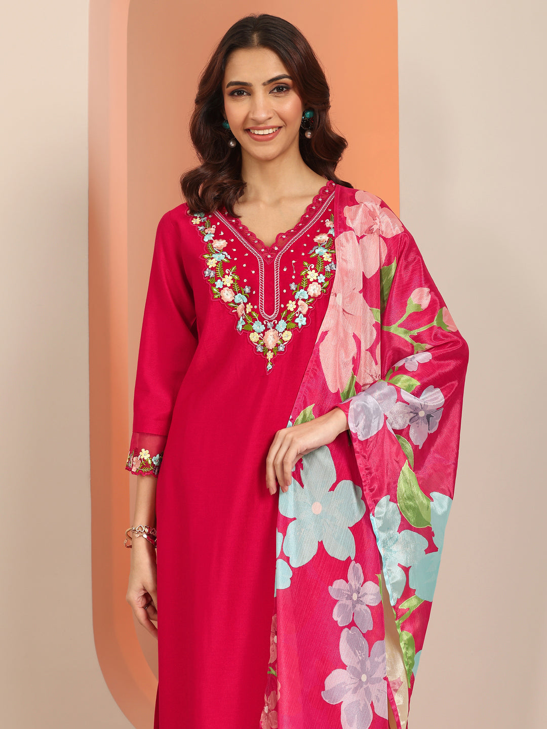  Red Embroidered Silk Blend Straight Suit Set With Dupatta 