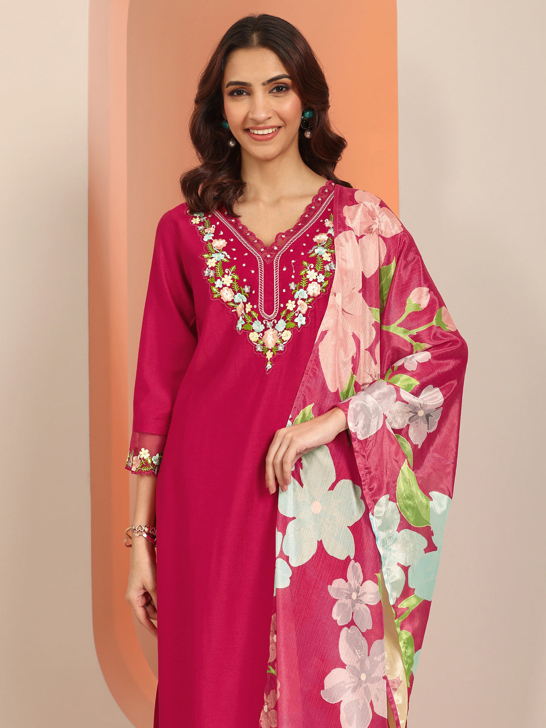  Red Embroidered Silk Blend Straight Suit Set With Dupatta 