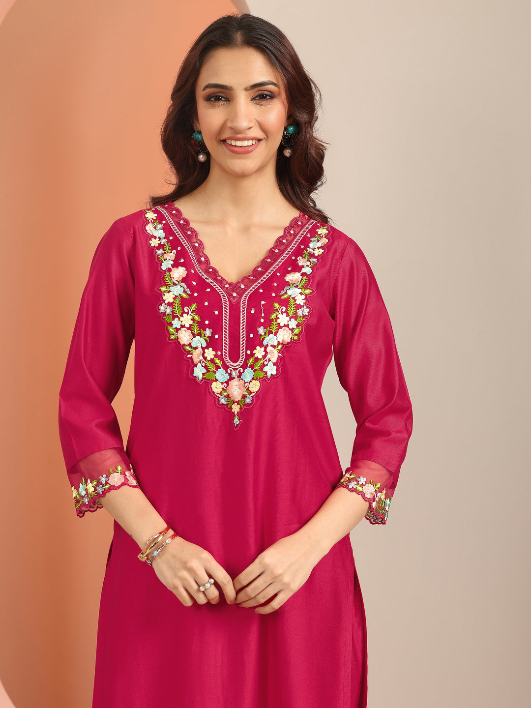  Red Embroidered Silk Blend Straight Suit Set With Dupatta 