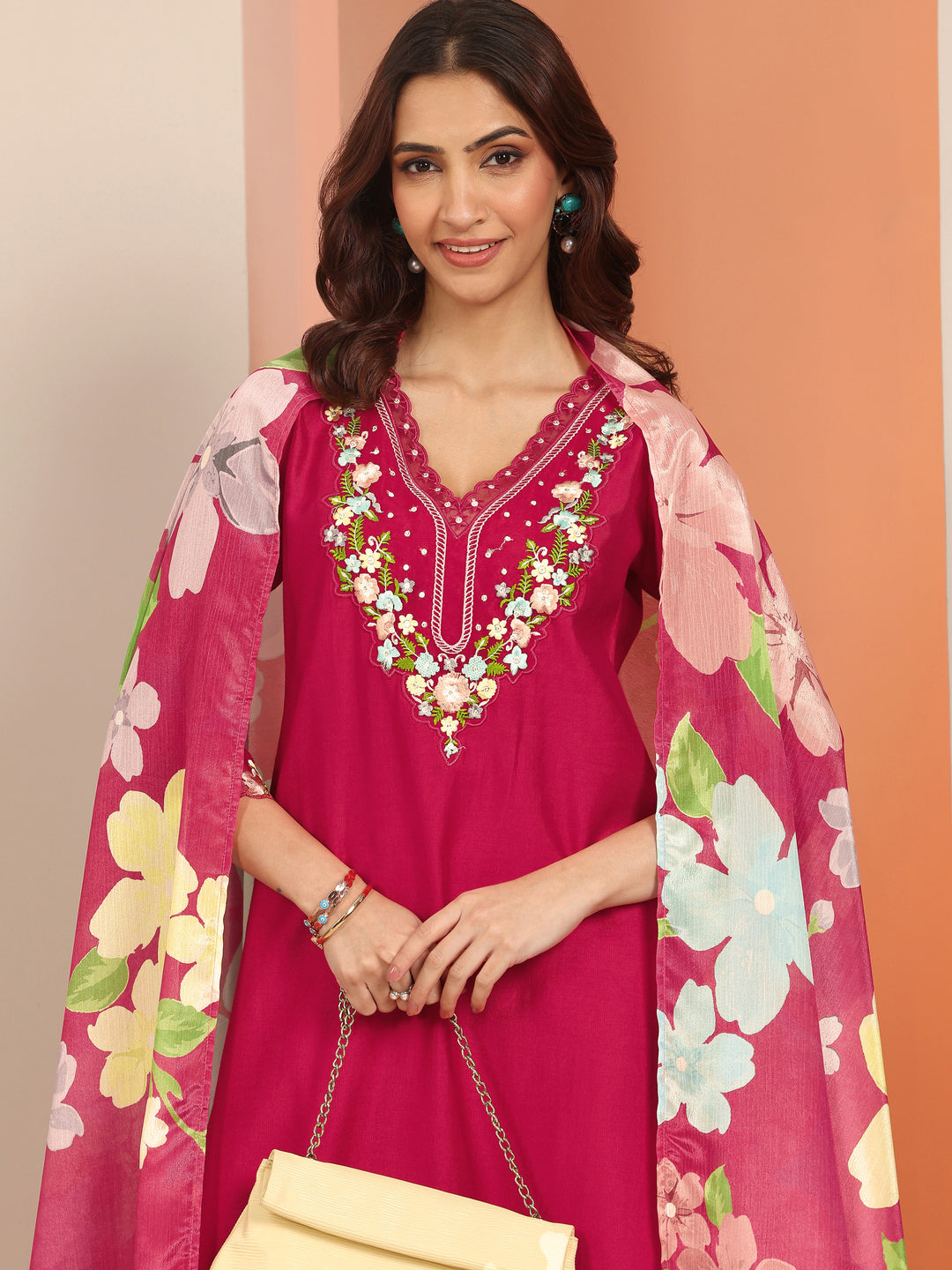  Red Embroidered Silk Blend Straight Suit Set With Dupatta 