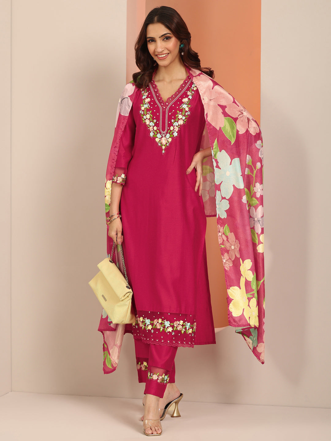 Red Embroidered Silk Blend Straight Suit Set With Dupatta