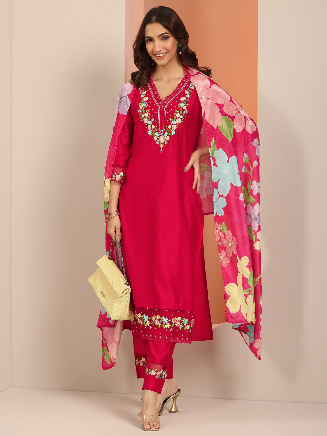  Red Embroidered Silk Blend Straight Suit Set With Dupatta 