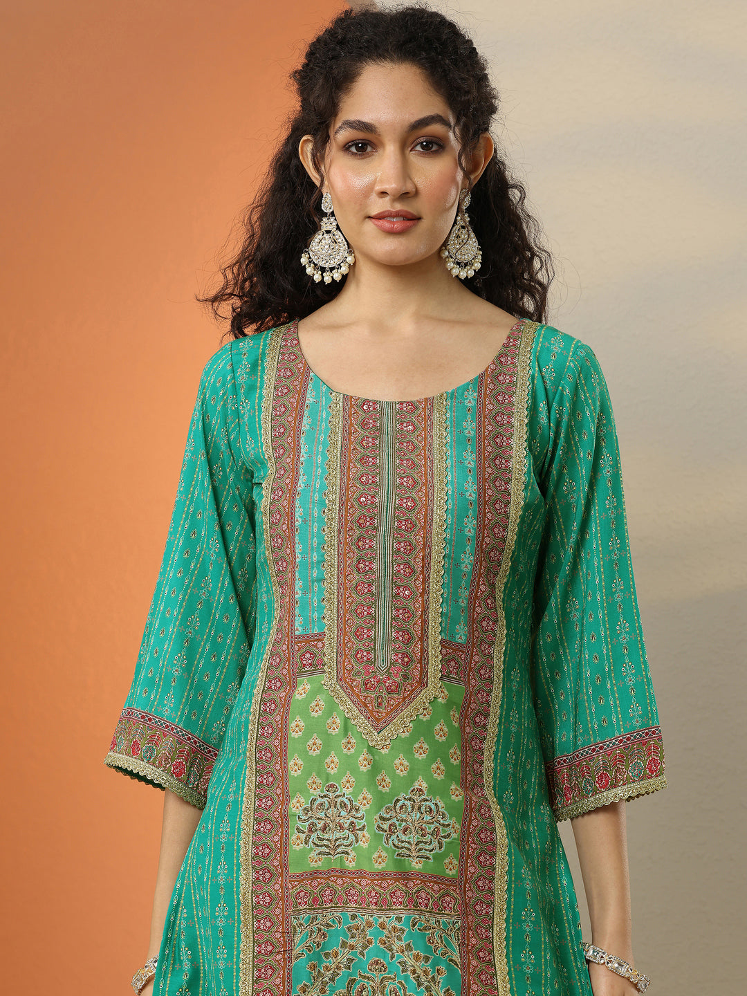  Green Printed Silk Blend Straight Suit Set With Dupatta 
