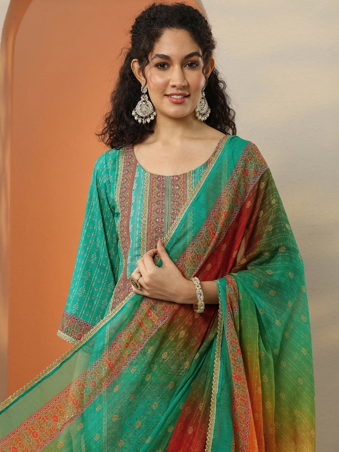  Green Printed Silk Blend Straight Suit Set With Dupatta 