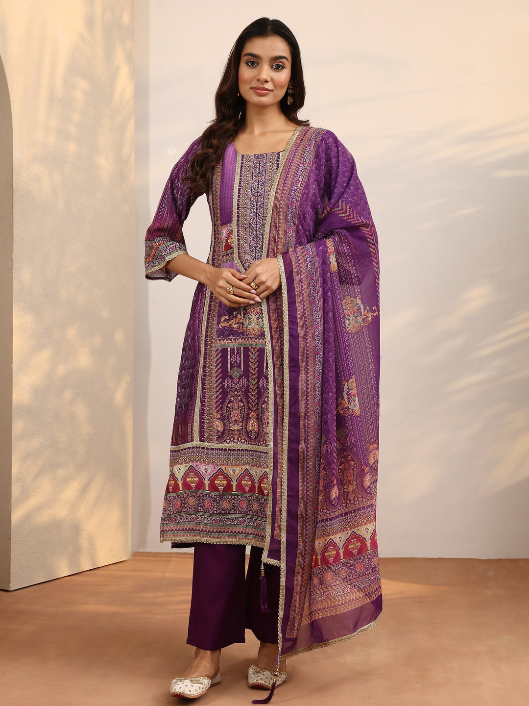  Purple Printed Silk Blend Straight Suit Set With Dupatta 