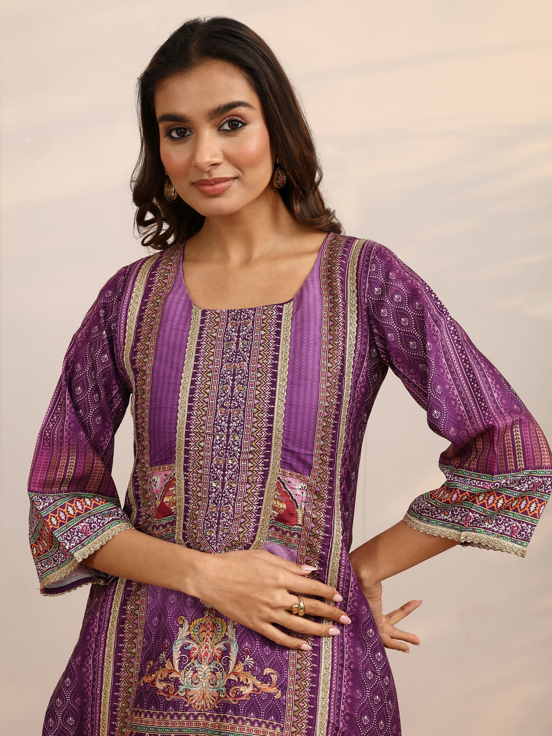  Purple Printed Silk Blend Straight Suit Set With Dupatta 