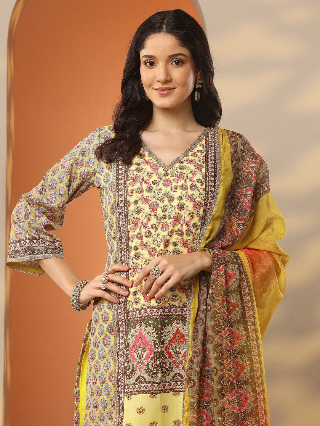  Yellow Printed Silk Blend Straight Suit Set With Dupatta 