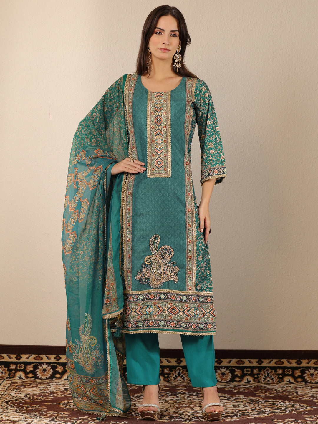  Teal Printed Silk Blend Straight Suit Set With Dupatta 