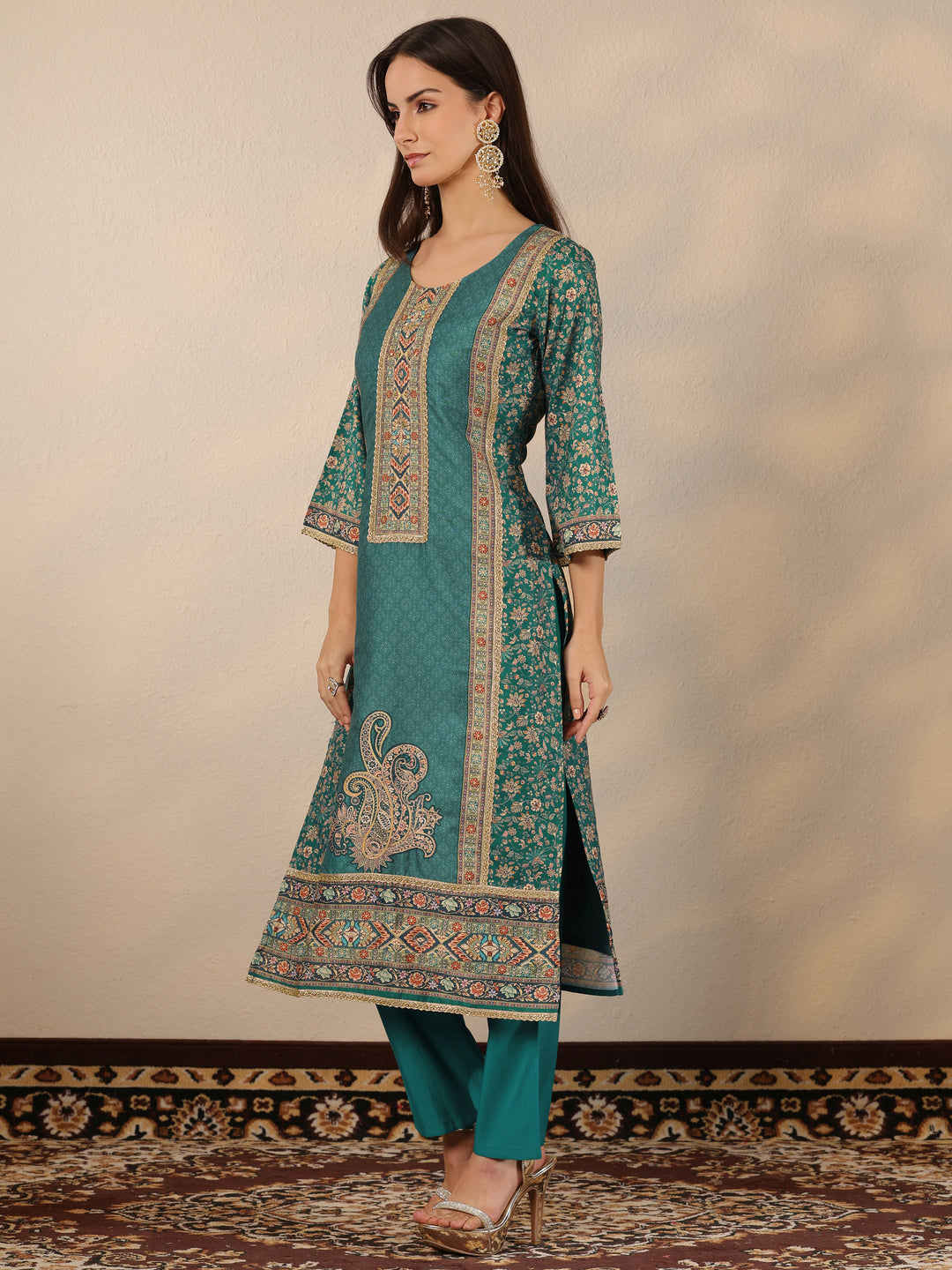  Teal Printed Silk Blend Straight Suit Set With Dupatta 