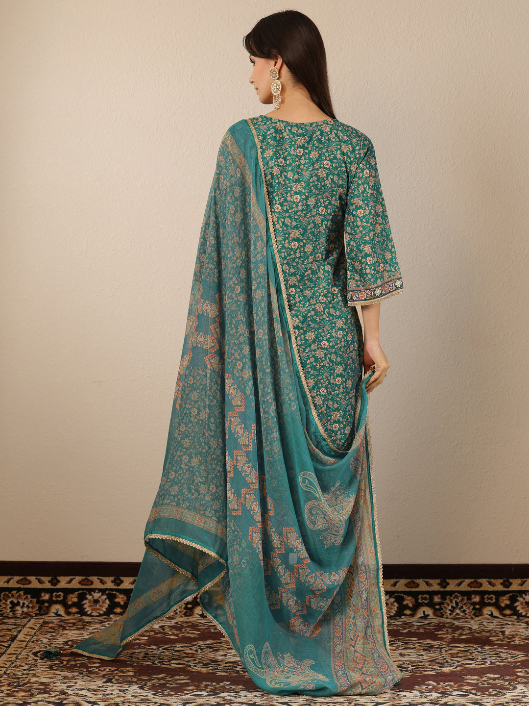  Teal Printed Silk Blend Straight Suit Set With Dupatta 