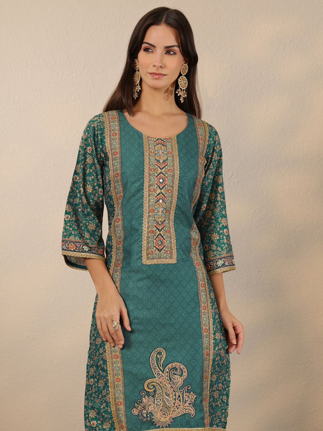  Teal Printed Silk Blend Straight Suit Set With Dupatta 
