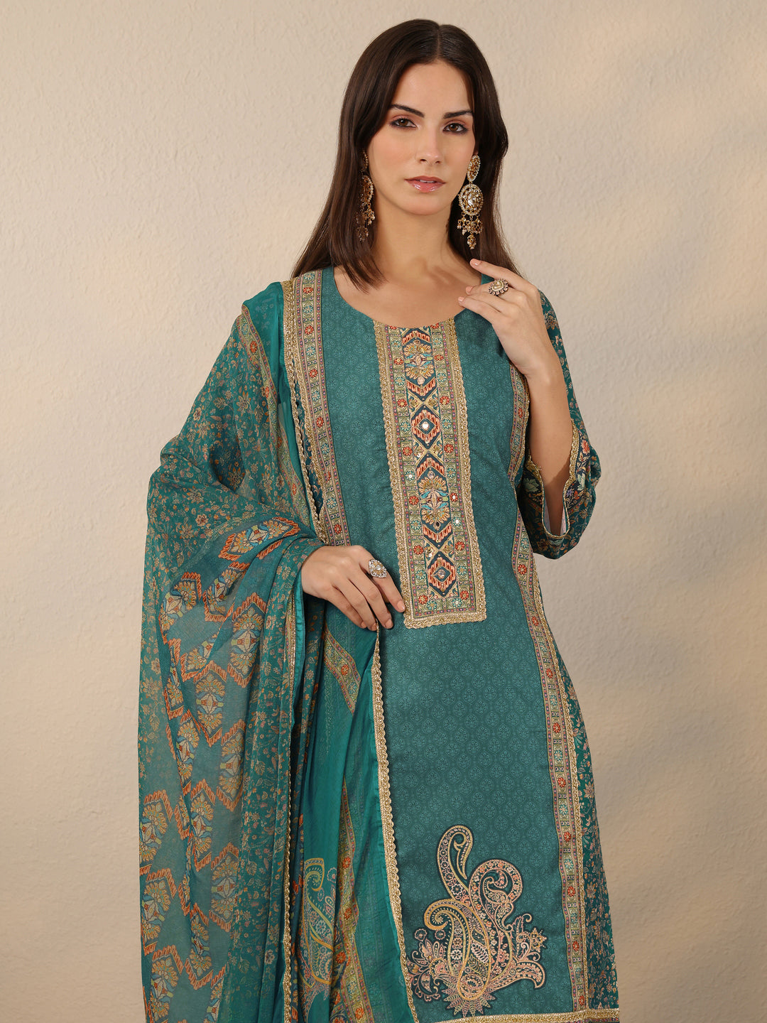  Teal Printed Silk Blend Straight Suit Set With Dupatta 