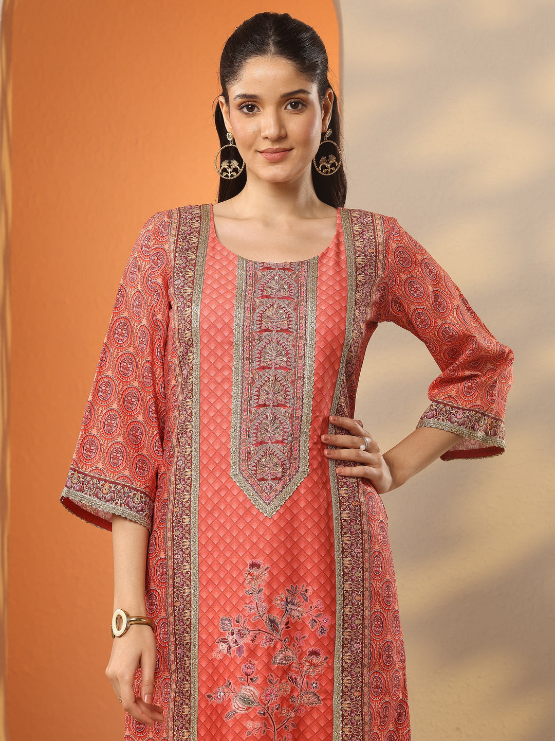  Orange Printed Silk Blend Straight Suit Set With Dupatta 