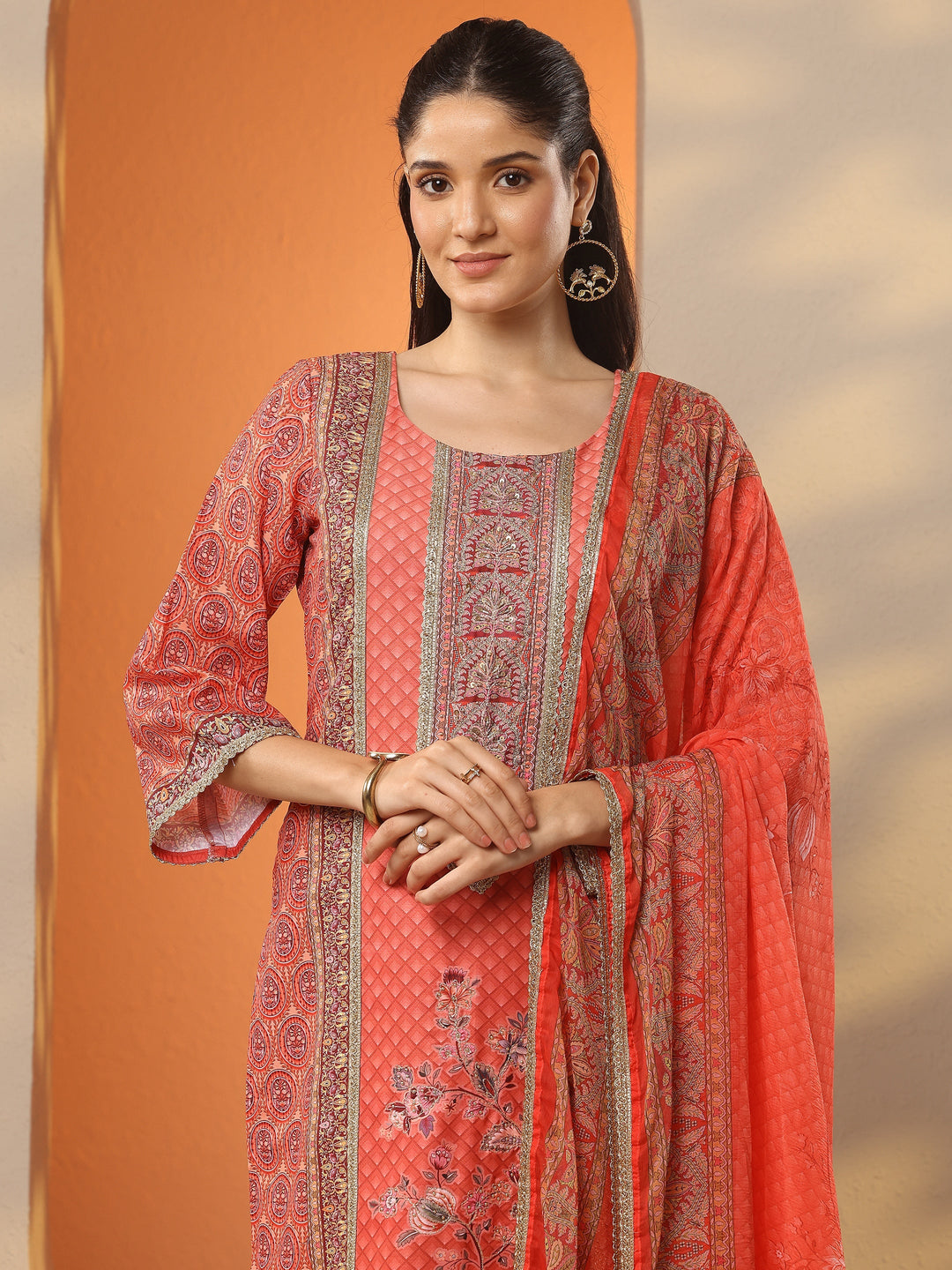  Orange Printed Silk Blend Straight Suit Set With Dupatta 