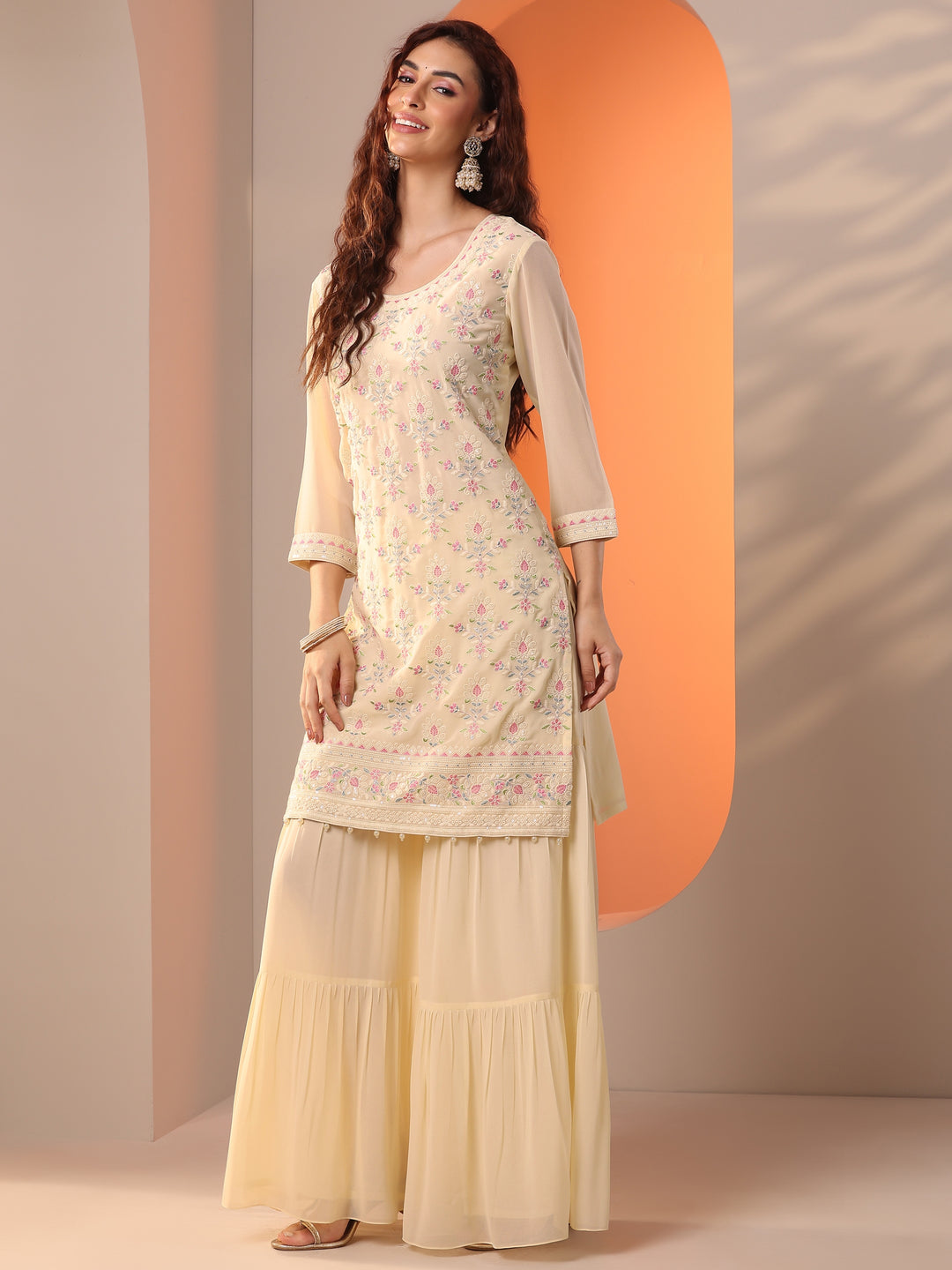  Libas Art Off White Embroidered Georgette Straight Suit Set With Dupatta 