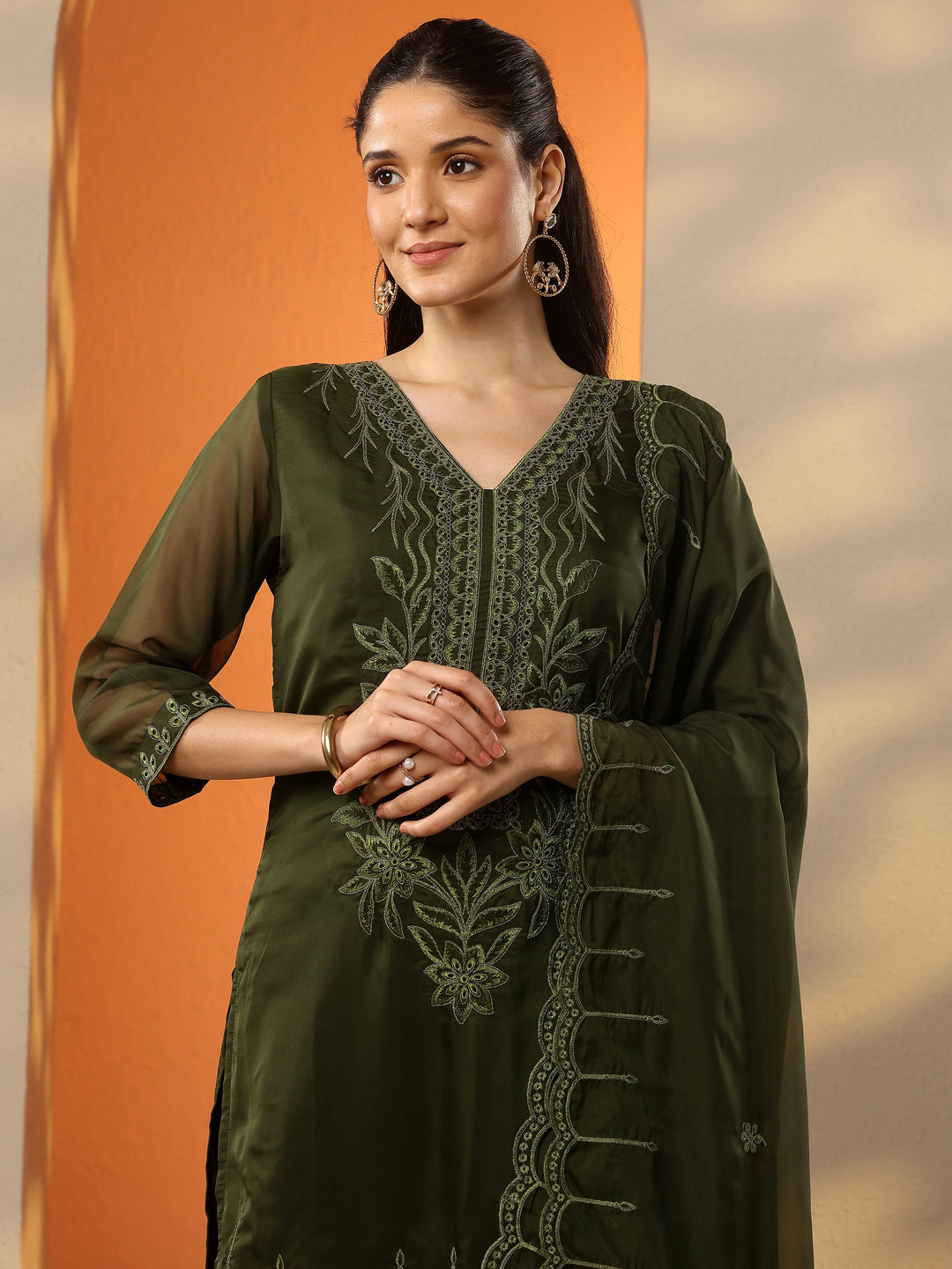  Olive Embroidered Organza Straight Suit Set With Dupatta 
