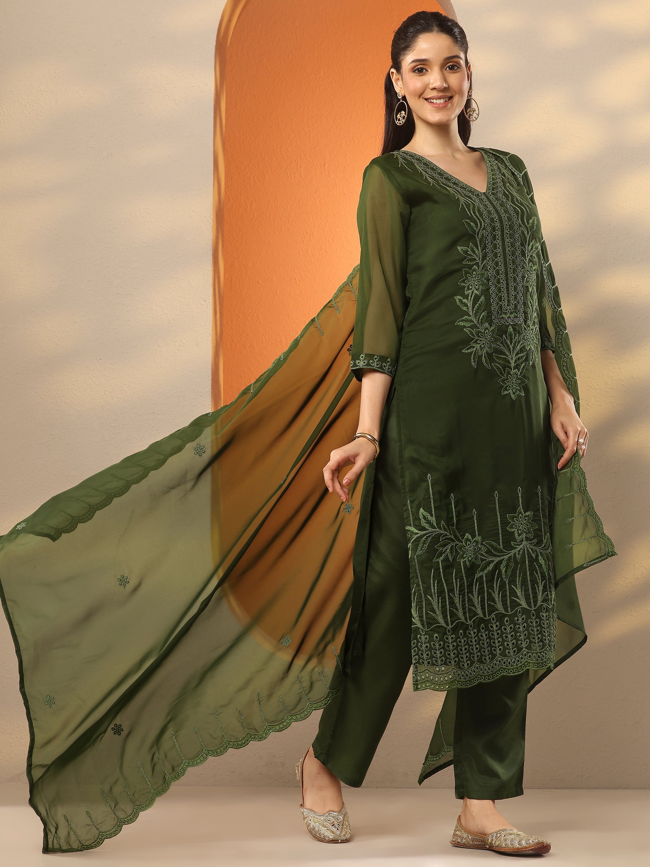 libas Olive Embroidered Organza Straight Suit Set With Dupatta-picture-38