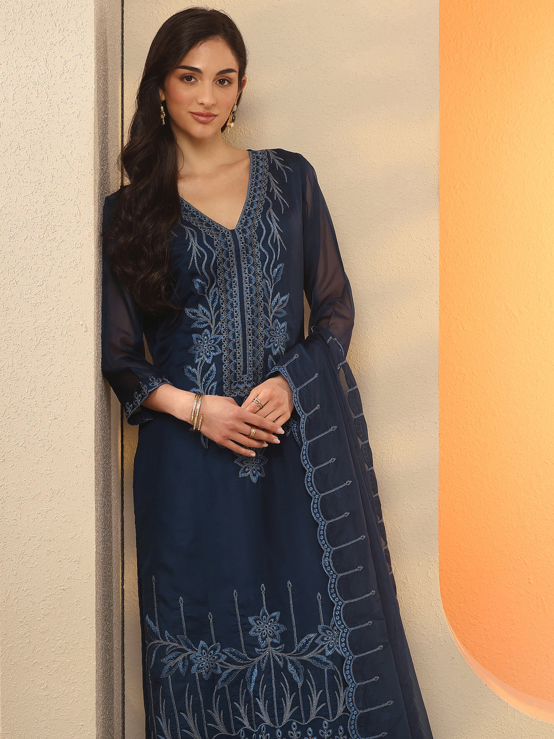 Navy Blue Embroidered Organza Straight Suit Set With Dupatta