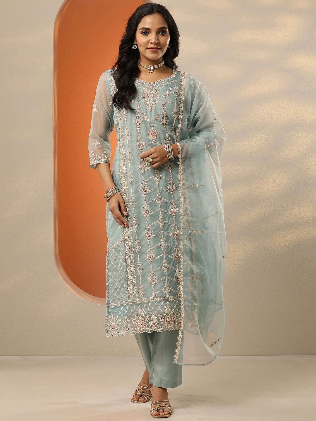  Blue Embroidered Organza Straight Suit Set With Dupatta 