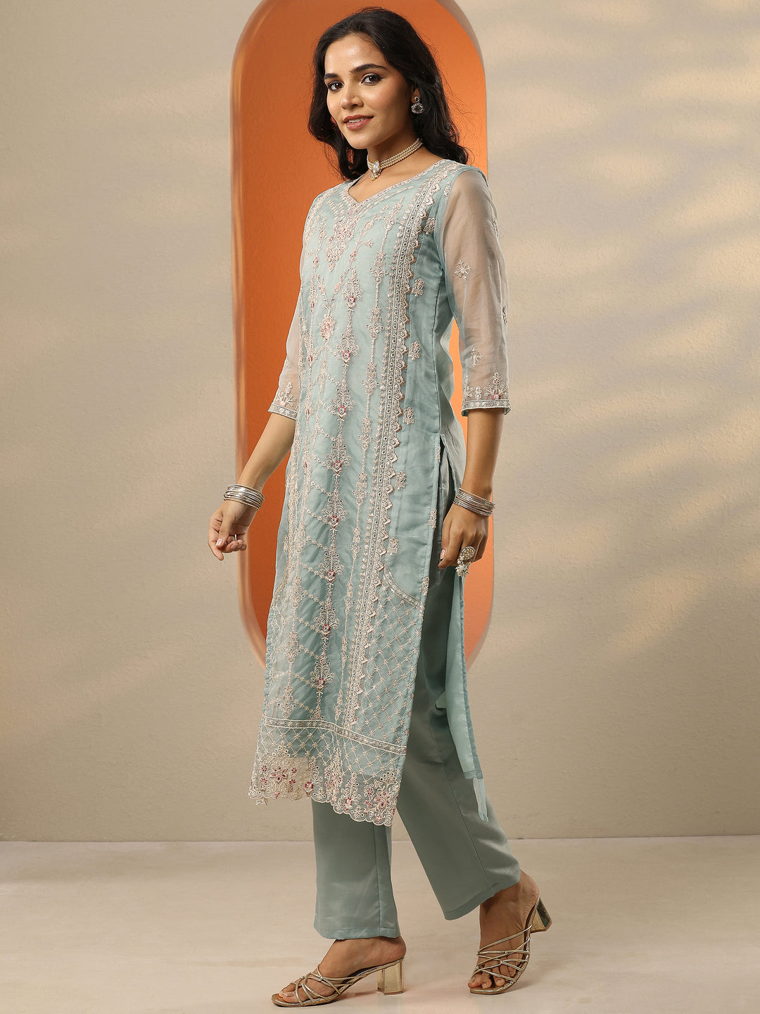  Blue Embroidered Organza Straight Suit Set With Dupatta 