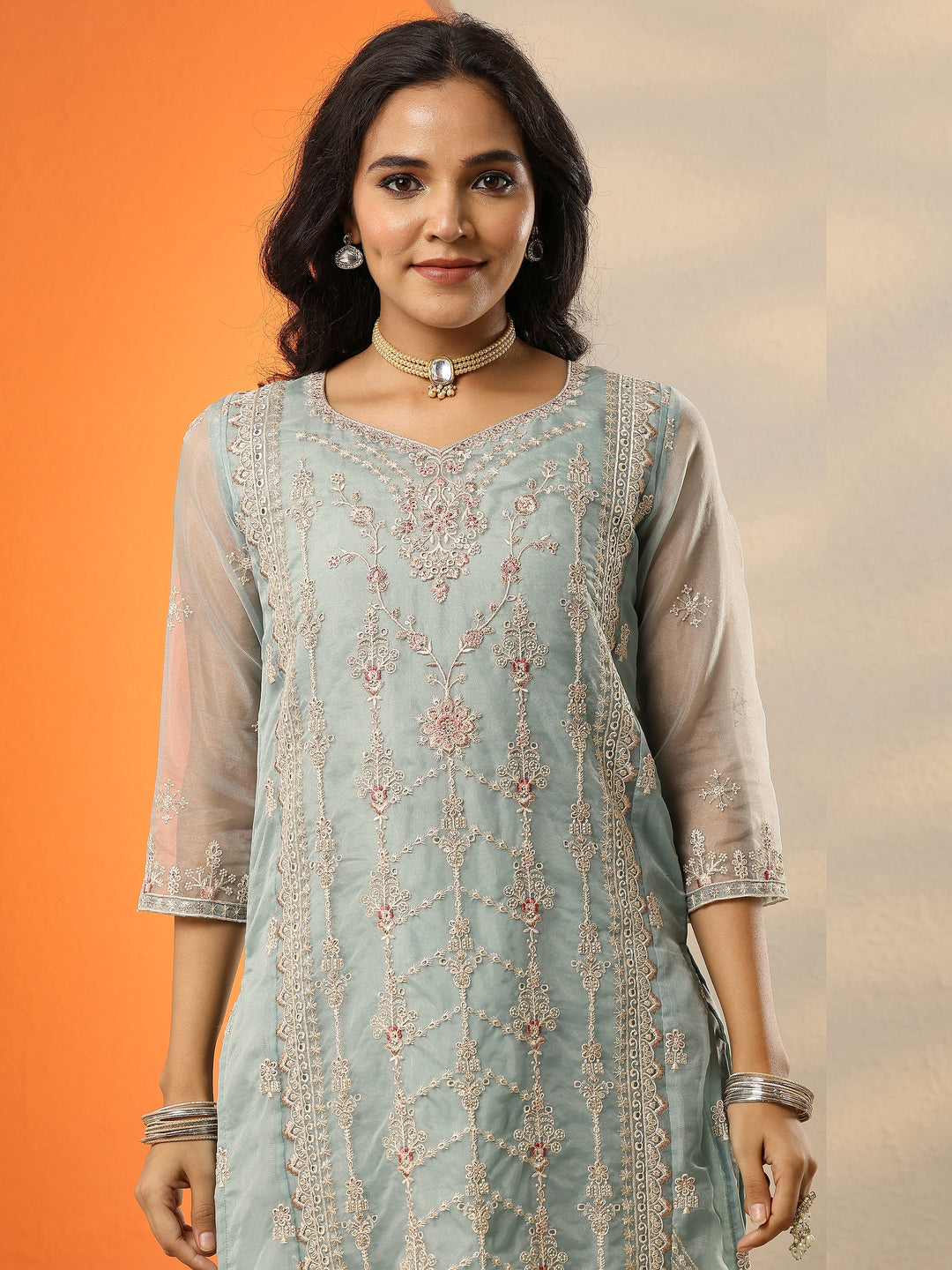  Blue Embroidered Organza Straight Suit Set With Dupatta 