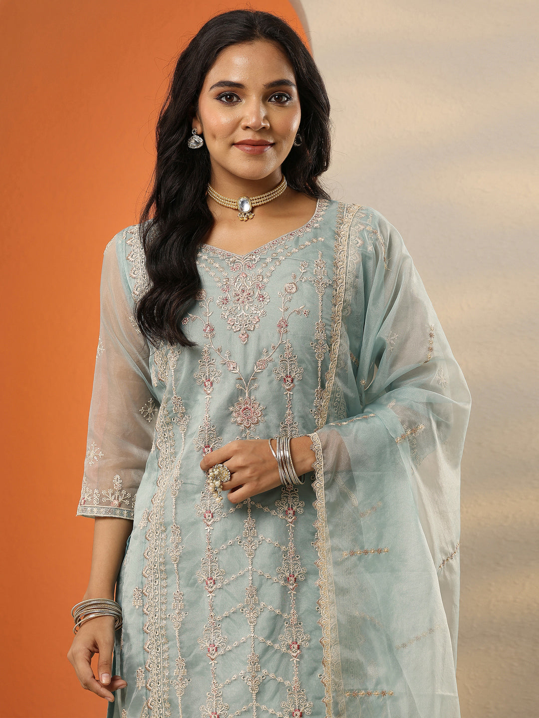  Blue Embroidered Organza Straight Suit Set With Dupatta 