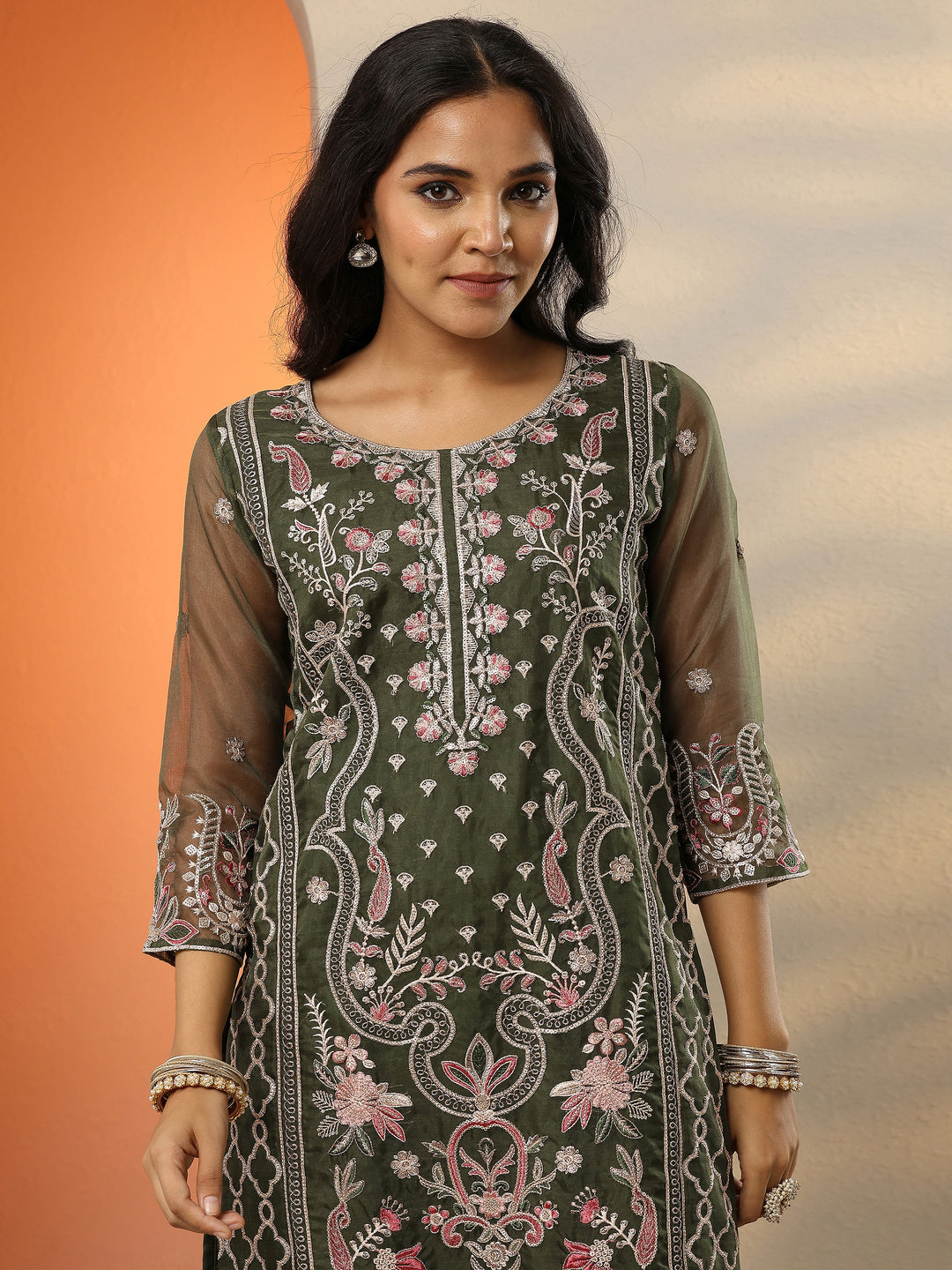  Green Embroidered Organza Straight Suit Set With Dupatta 