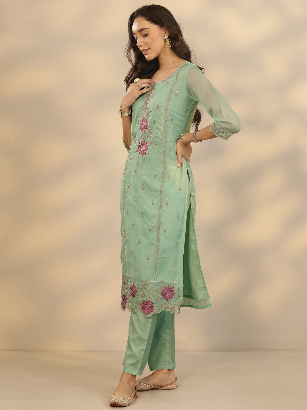  Green Embroidered Organza Straight Suit Set With Dupatta 