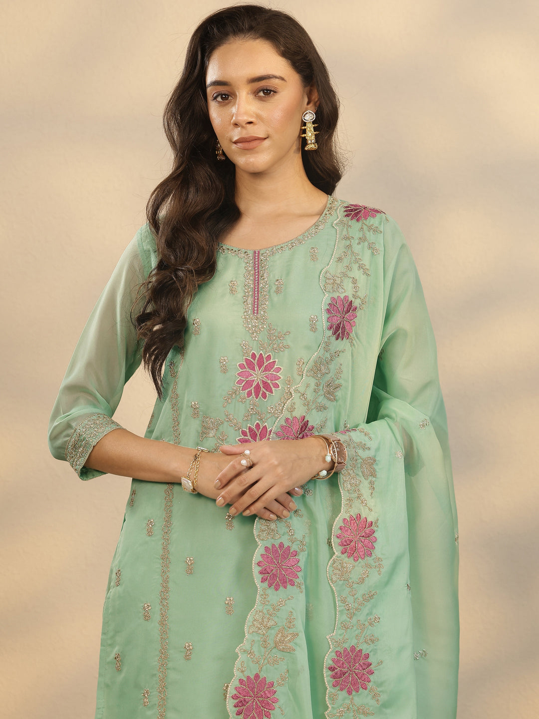  Green Embroidered Organza Straight Suit Set With Dupatta 