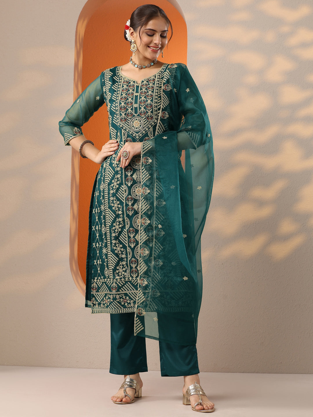  Teal Embroidered Organza Straight Suit Set With Dupatta 