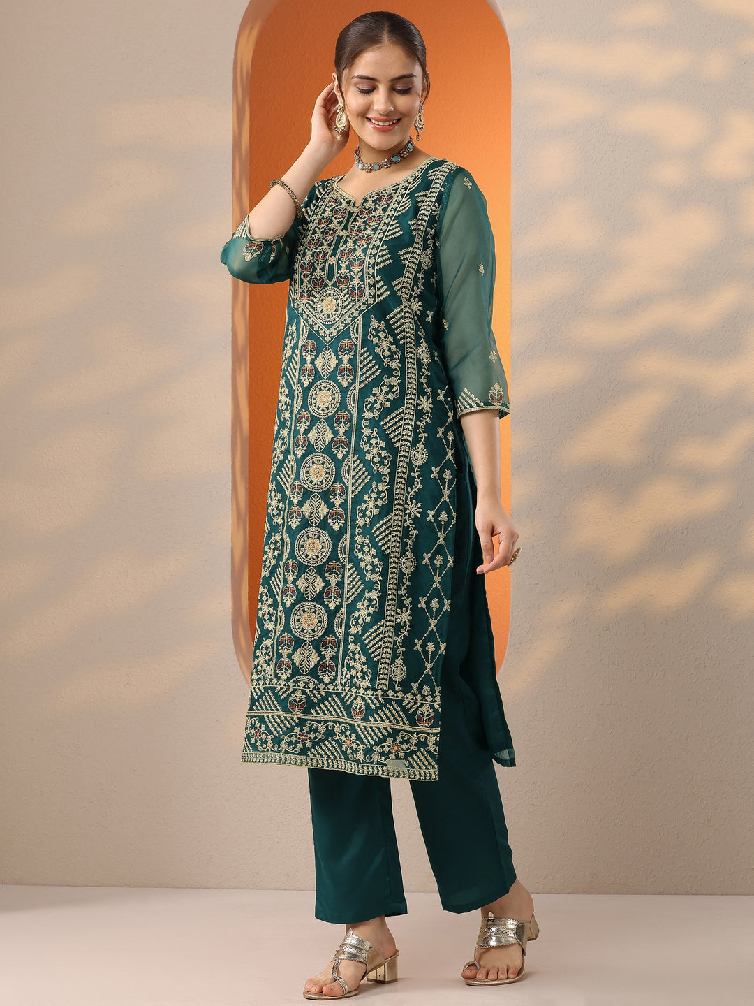  Teal Embroidered Organza Straight Suit Set With Dupatta 