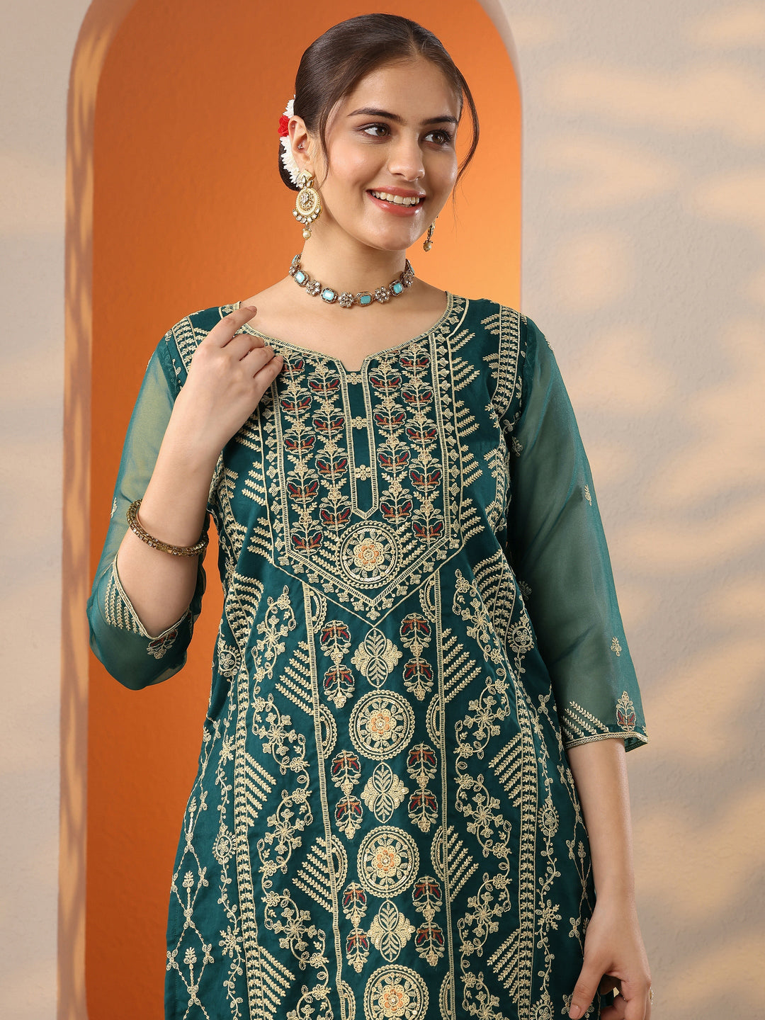  Teal Embroidered Organza Straight Suit Set With Dupatta 