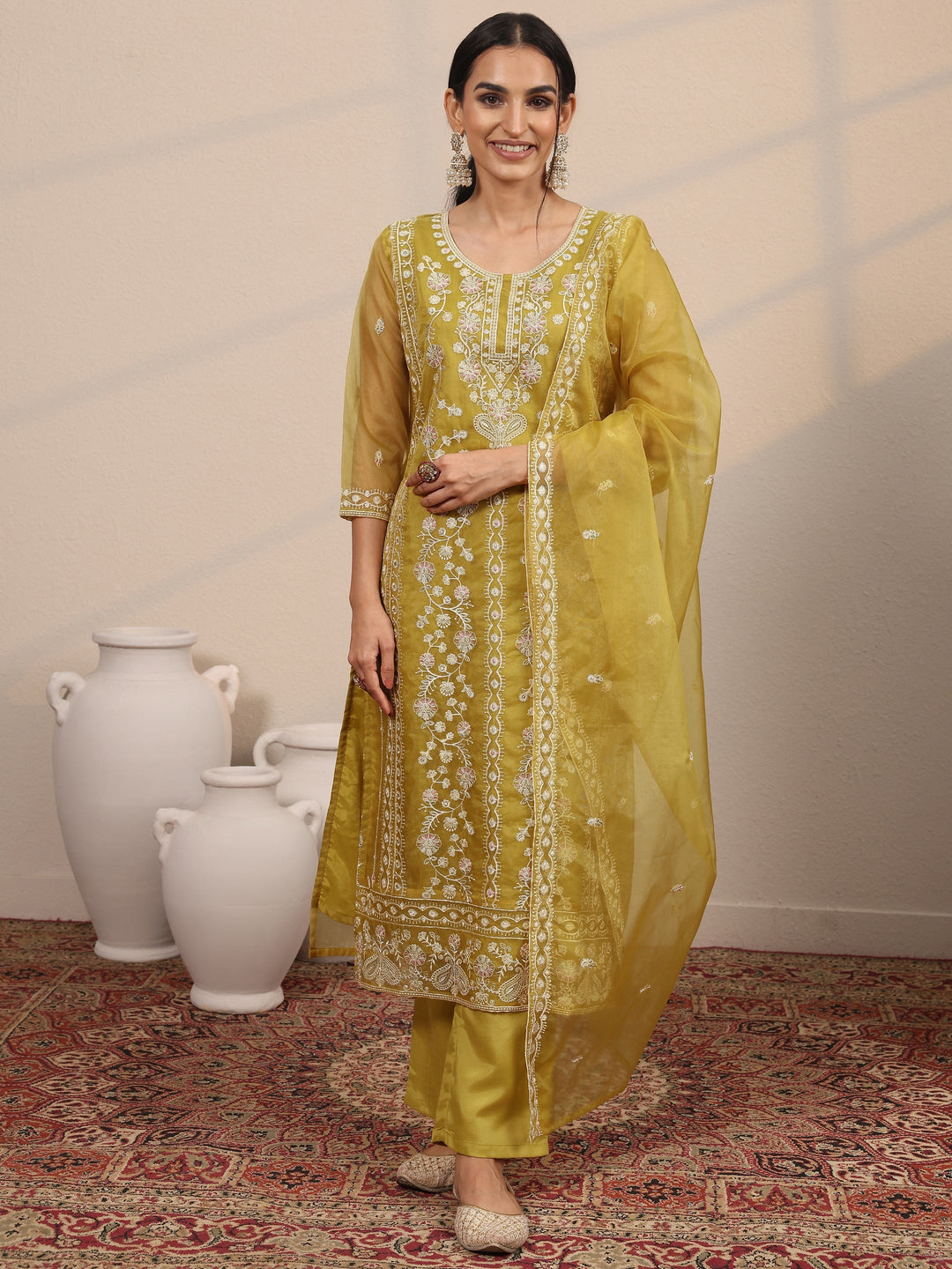 Mustard Embroidered Organza  Straight Suit Set With Dupatta