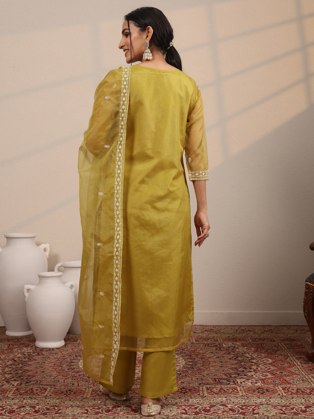  Mustard Embroidered Organza  Straight Suit Set With Dupatta 