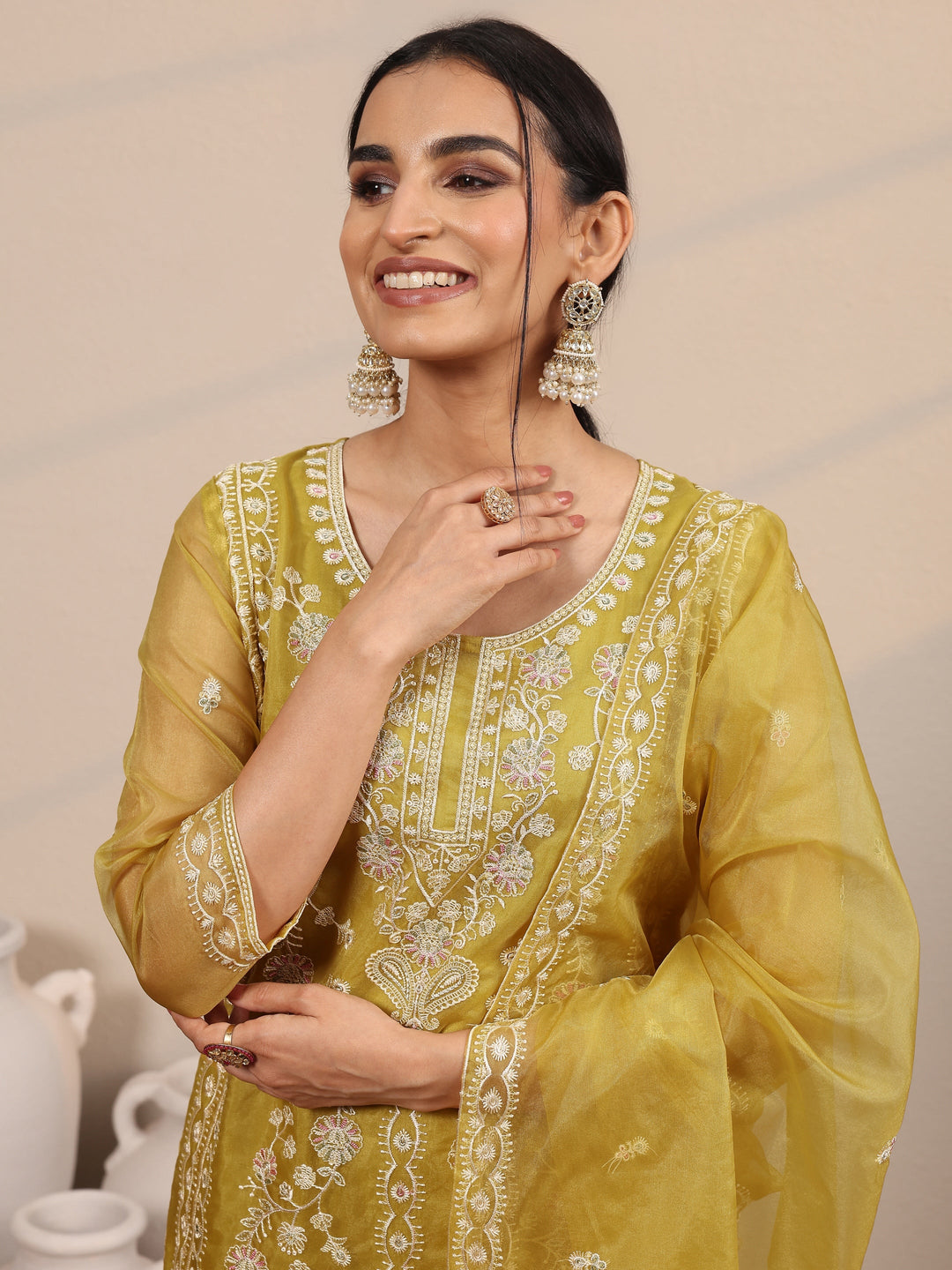  Mustard Embroidered Organza  Straight Suit Set With Dupatta 