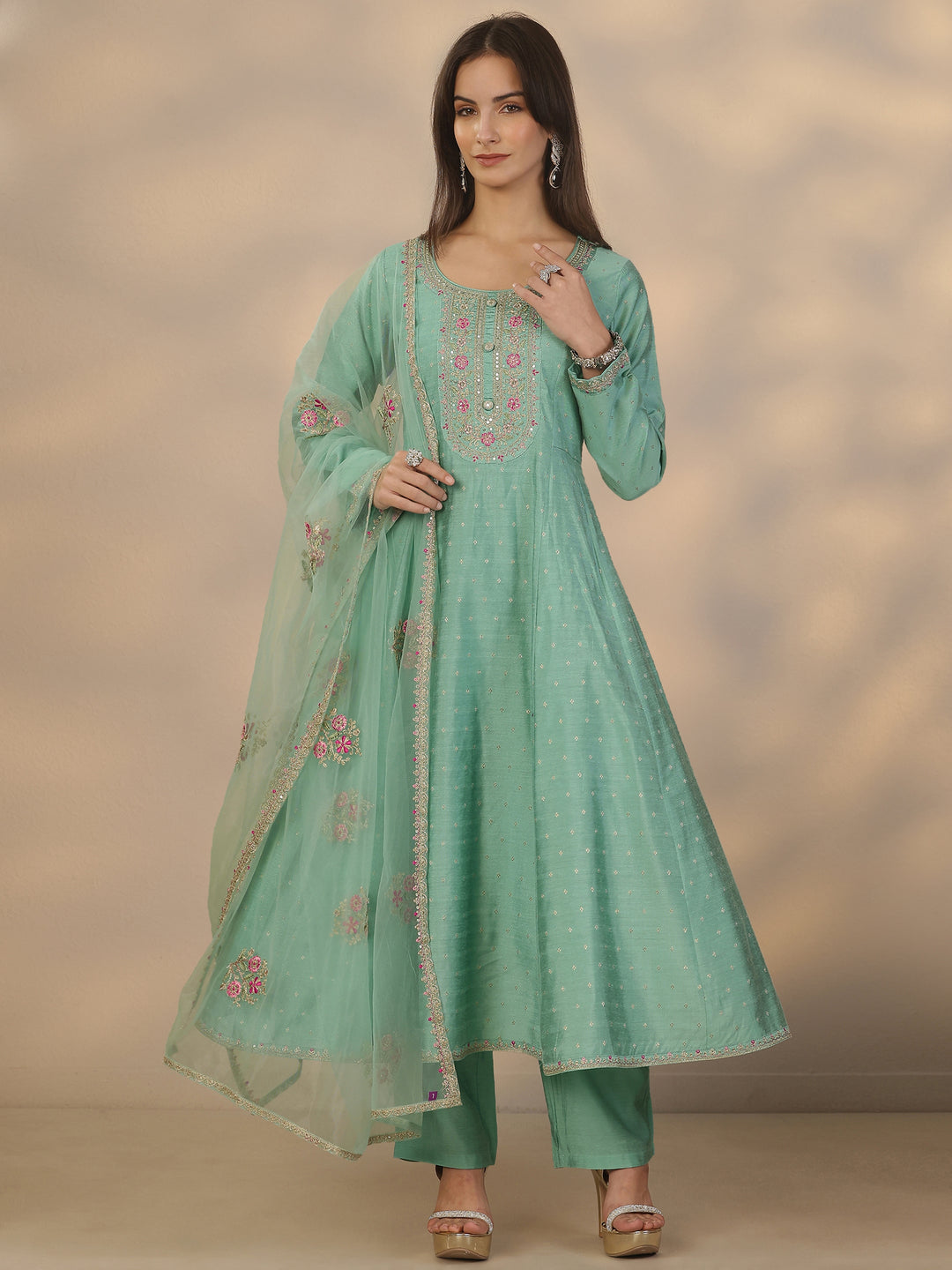  Sea Green Embroidered Silk Blend Anarkali Suit Set With Dupatta 