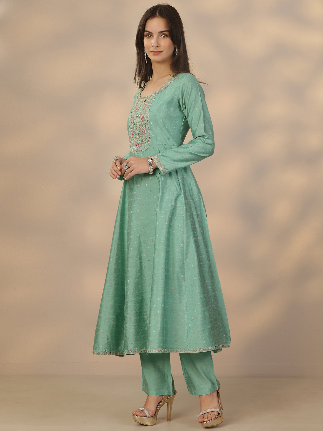  Sea Green Embroidered Silk Blend Anarkali Suit Set With Dupatta 