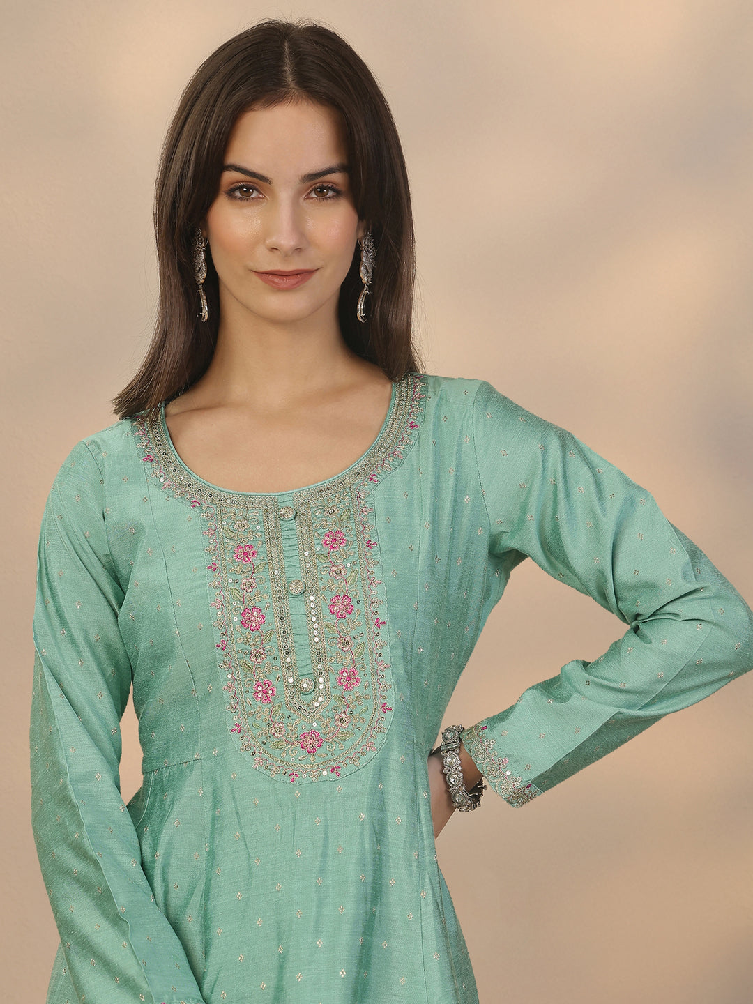  Sea Green Embroidered Silk Blend Anarkali Suit Set With Dupatta 