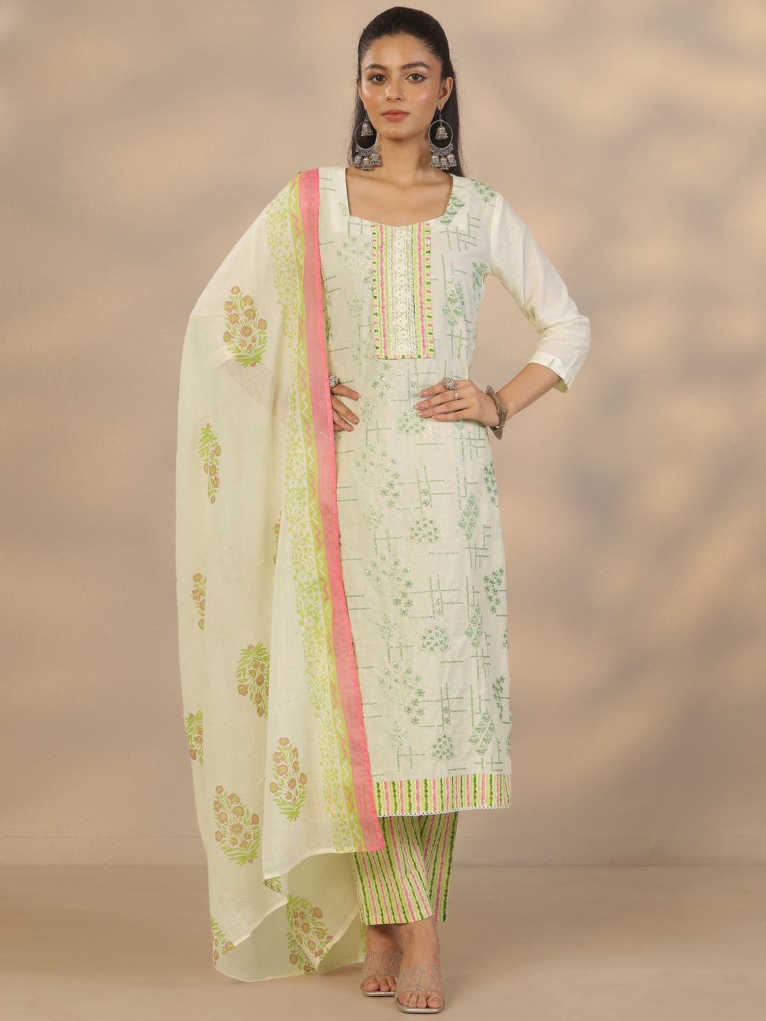  Off White Embroidered Cotton Straight Suit Set With Dupatta 