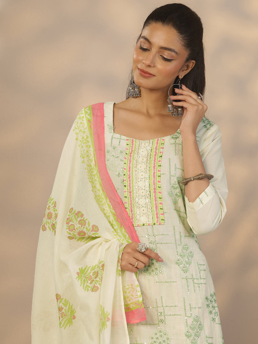  Off White Embroidered Cotton Straight Suit Set With Dupatta 