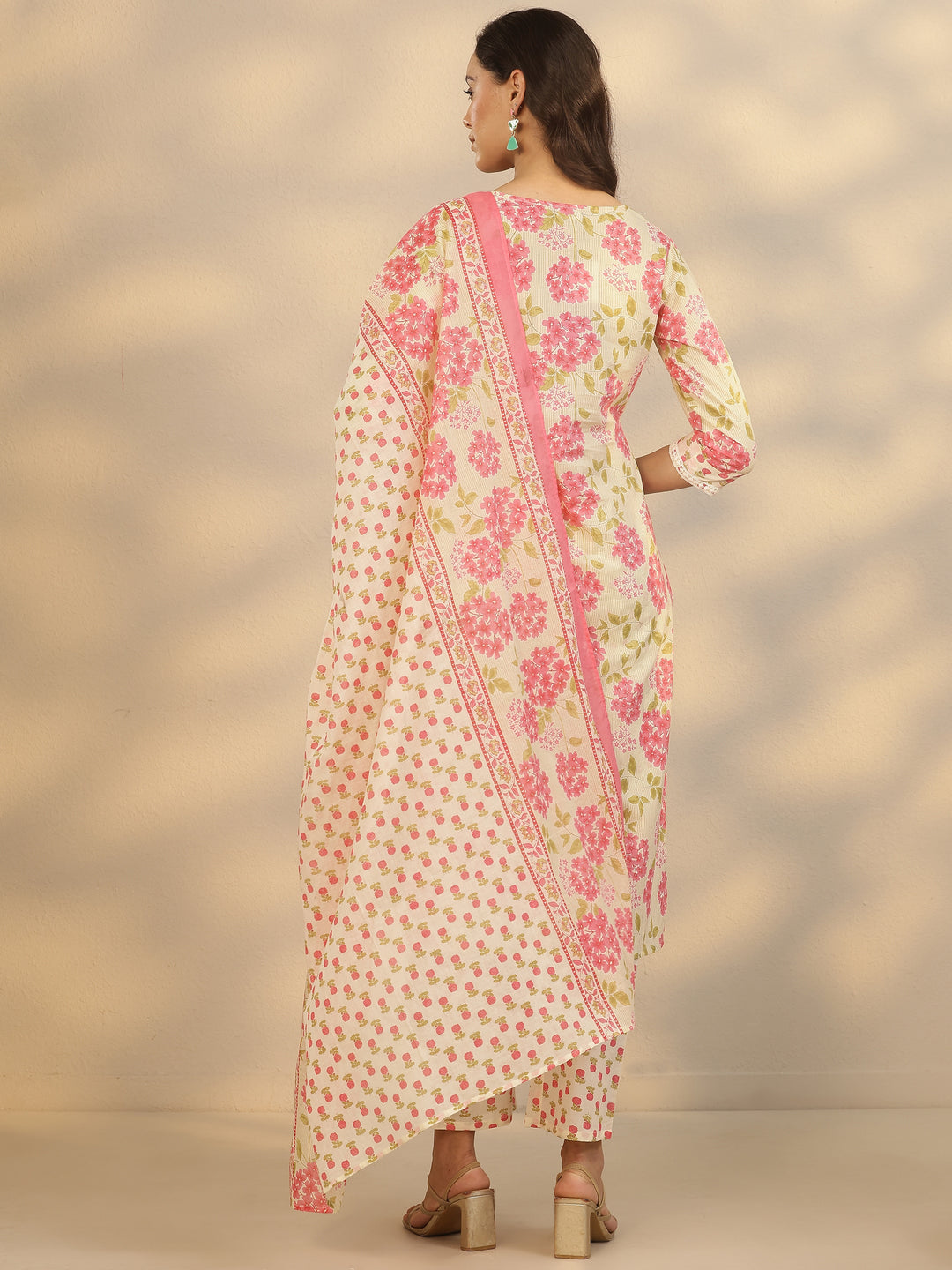  Cream Printed Cotton Straight Suit Set With Dupatta 