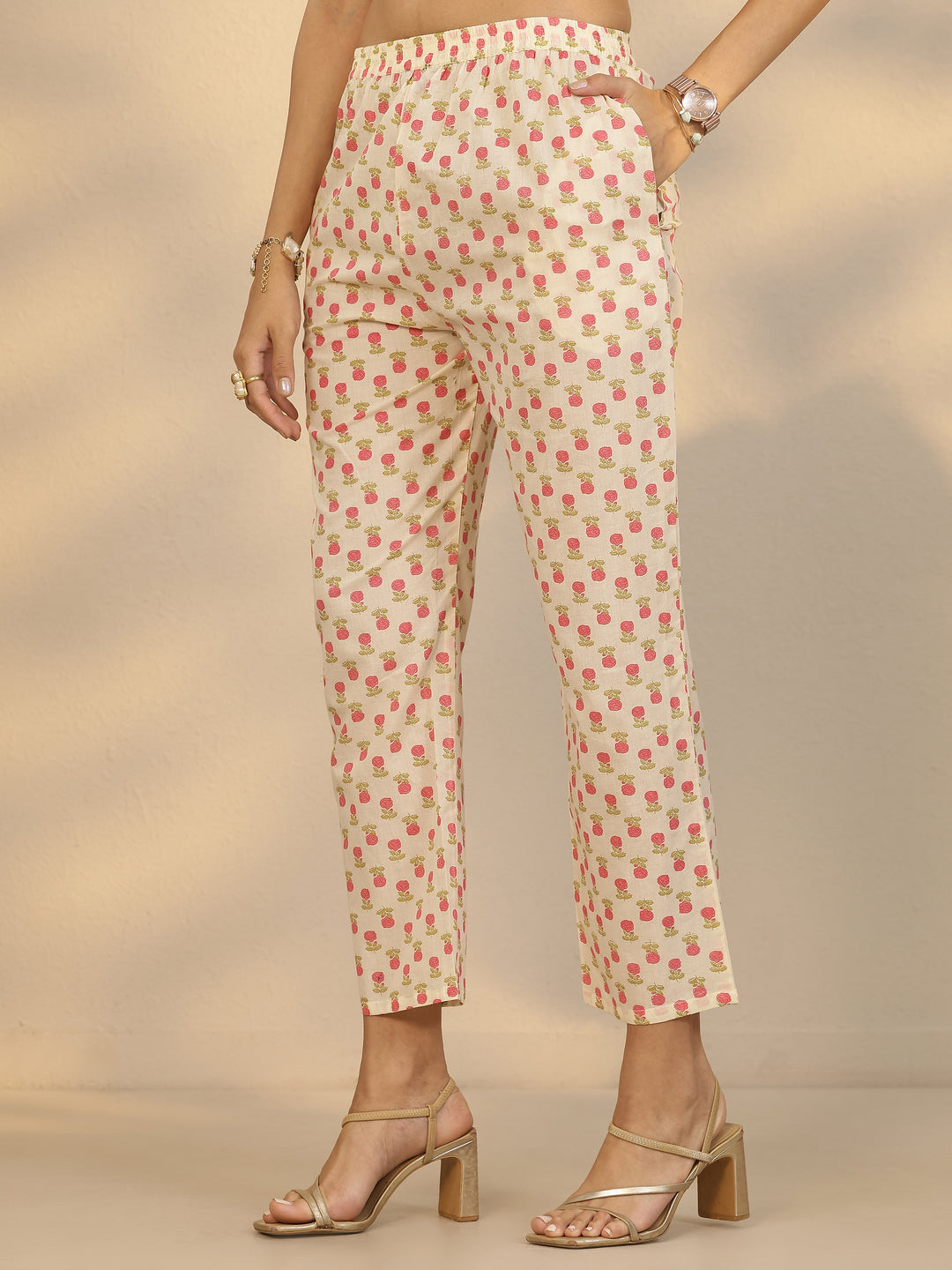  Cream Printed Cotton Straight Suit Set With Dupatta 