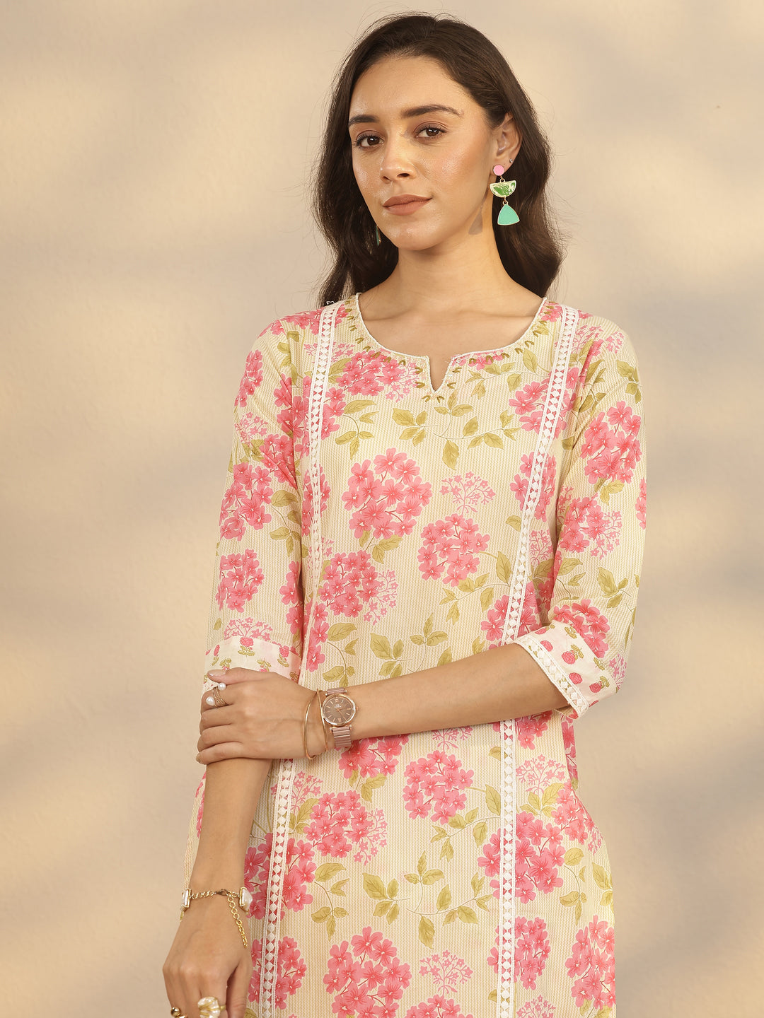  Cream Printed Cotton Straight Suit Set With Dupatta 