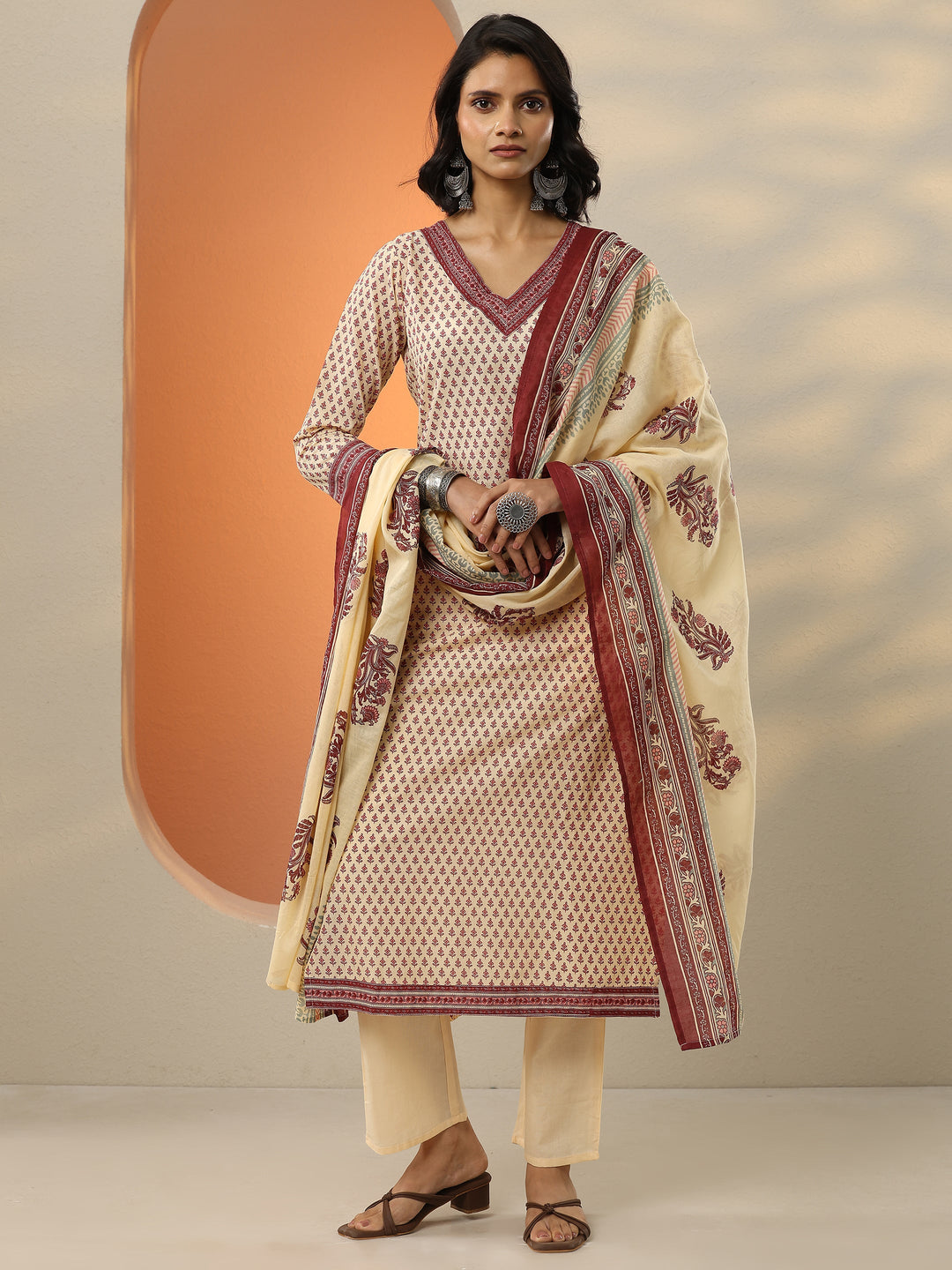  Beige Printed Cotton Blend  Straight Suit Set With Dupatta 