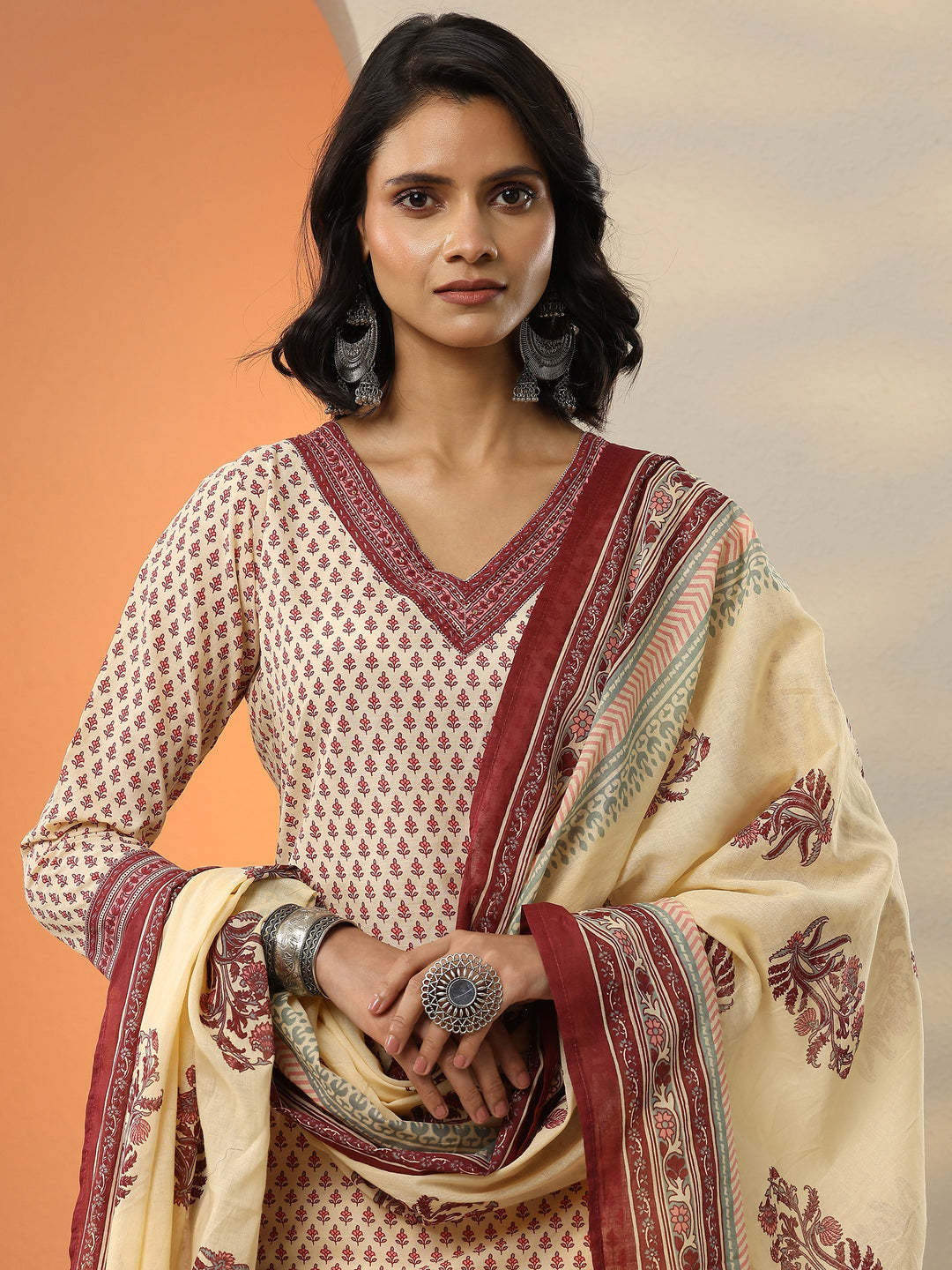  Beige Printed Cotton Blend  Straight Suit Set With Dupatta 