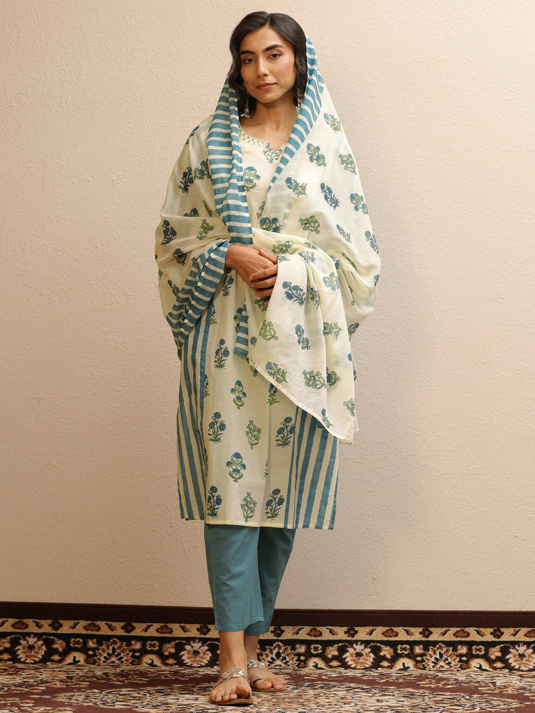 Libas Off White Printed Cotton Straight Suit Set With Dupatta
