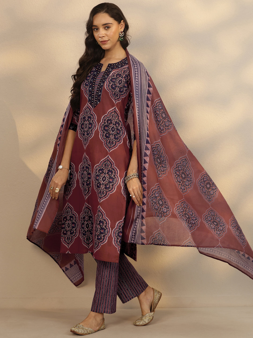  Maroon Printed Cotton Straight Suit Set With Dupatta 
