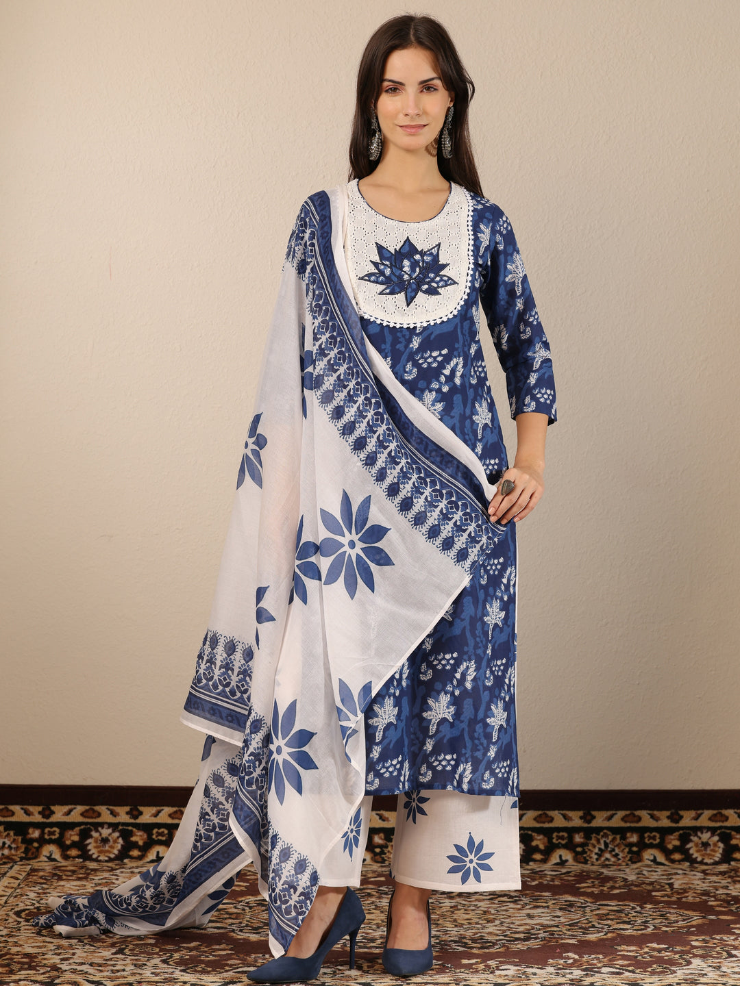  Blue Printed Cotton Straight Suit Set With Dupatta 