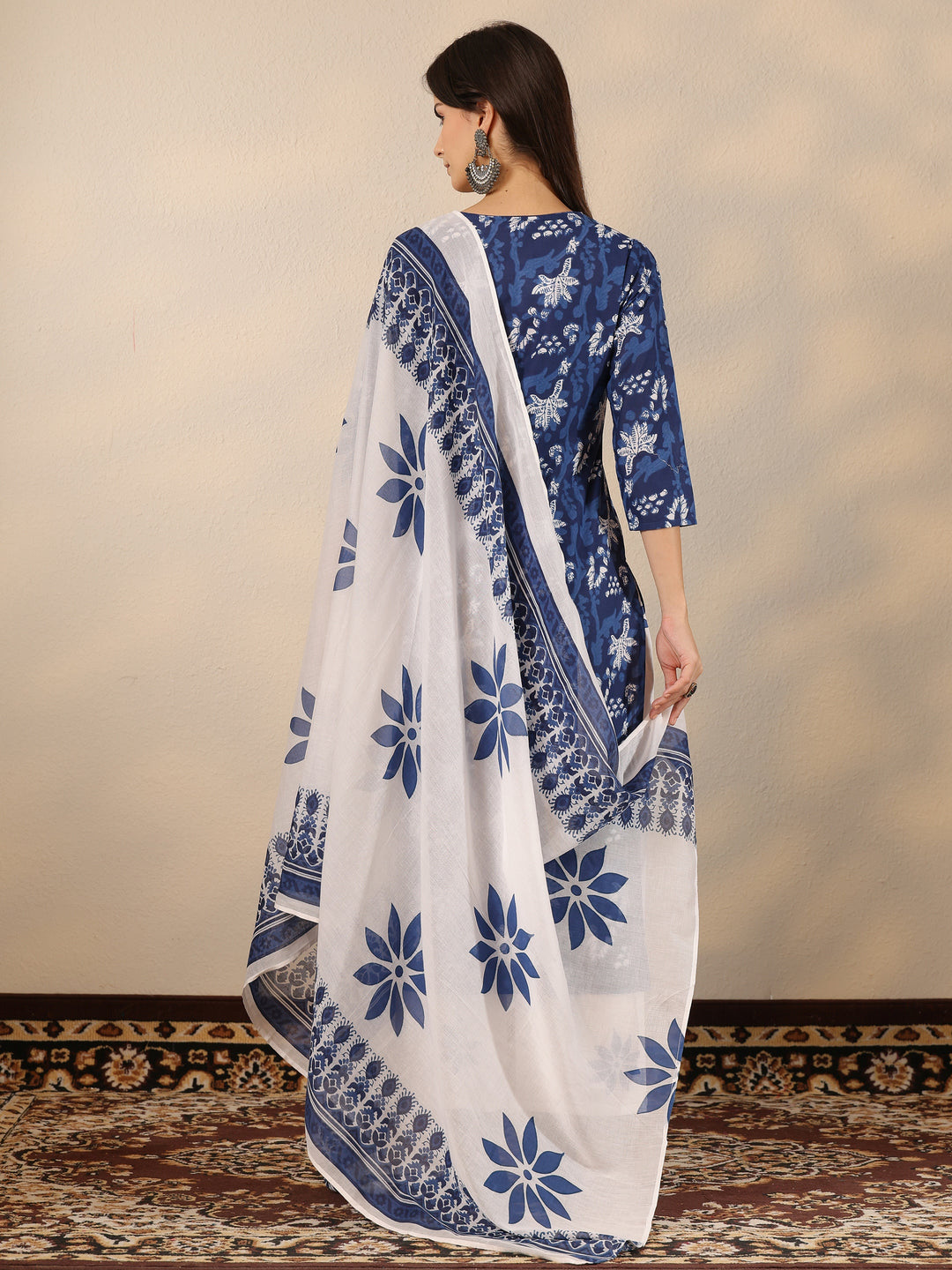  Blue Printed Cotton Straight Suit Set With Dupatta 
